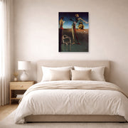 Unframed poster print of Salvador Dali's Woman With a Head of Roses displayed on a wall in a bedroom