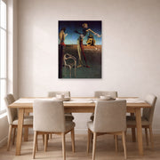 Unframed poster print of Salvador Dali's Woman With a Head of Roses displayed on a wall in a dining room