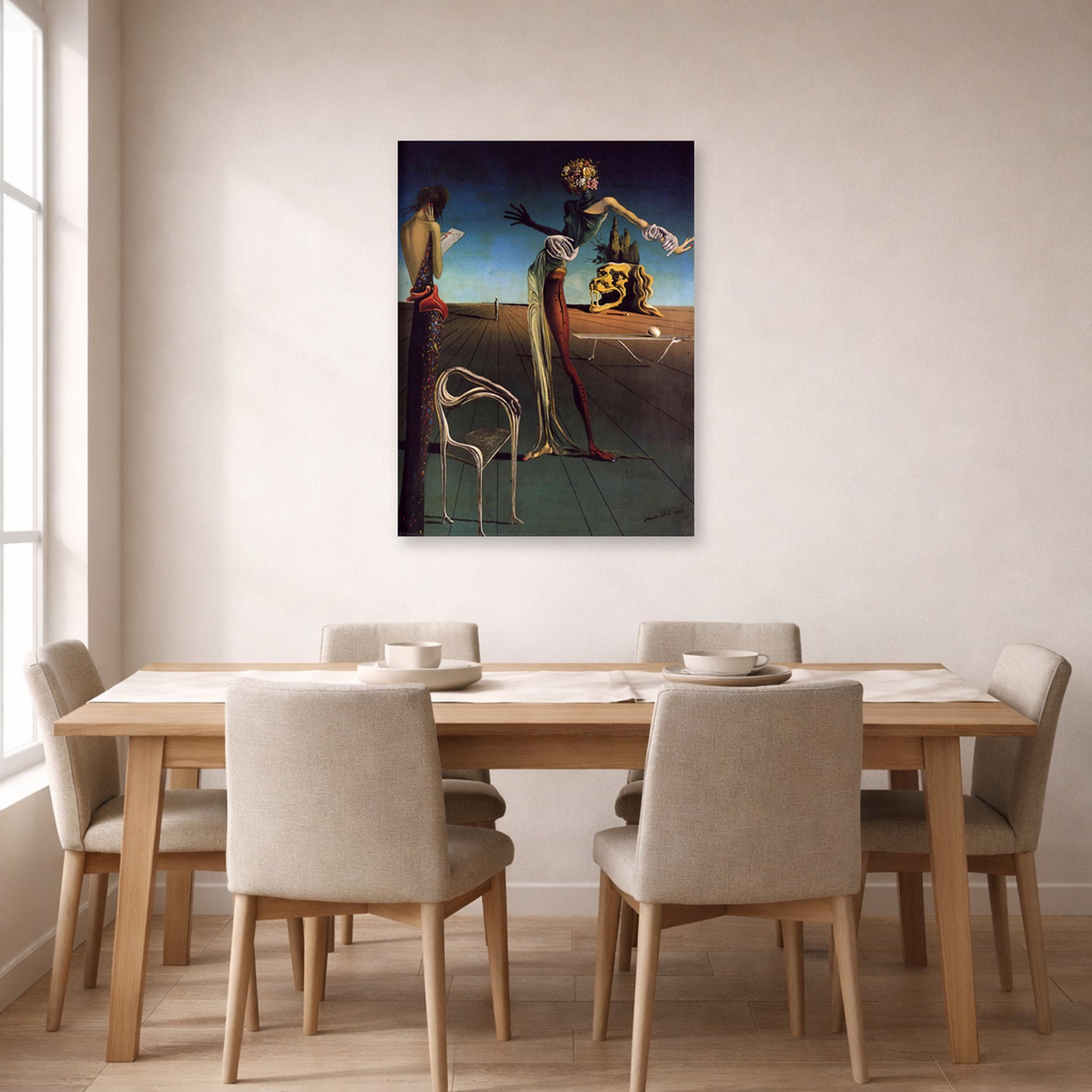 Unframed poster print of Salvador Dali's Woman With a Head of Roses displayed on a wall in a dining room