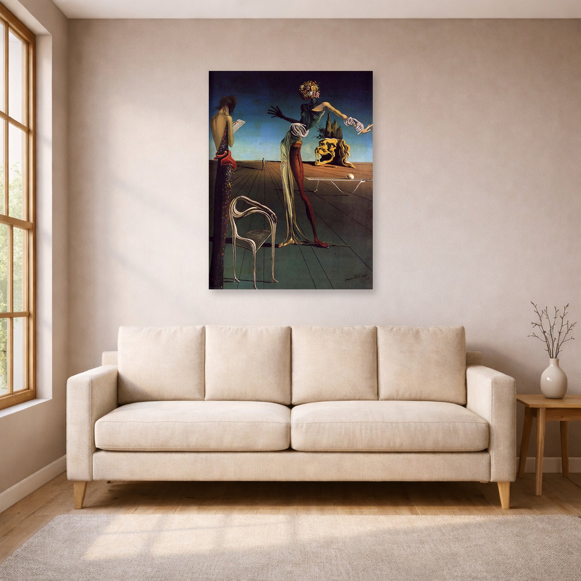 Unframed poster print of Salvador Dali's Woman With a Head of Roses displayed on a wall in a living room