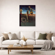 Unframed poster print of Salvador Dali's Woman With a Head of Roses displayed on a wall in a living room