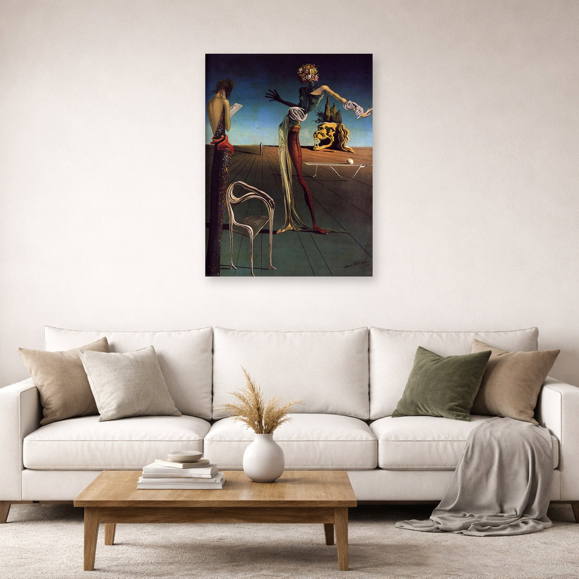 Unframed poster print of Salvador Dali's Woman With a Head of Roses displayed on a wall in a living room