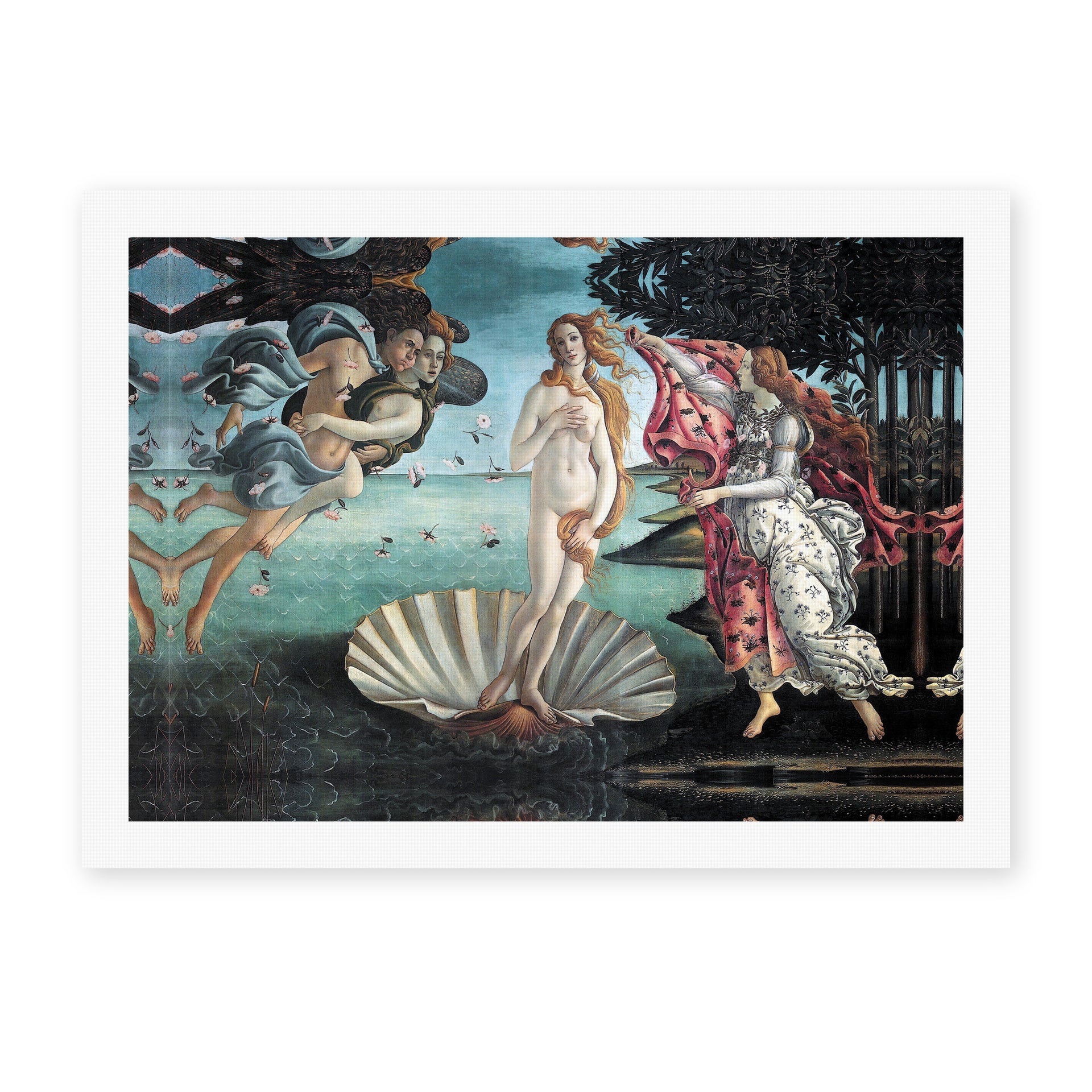 Sandro Botticelli's 'Birth of Venus' painting, depicting Venus emerging from the sea on a shell, reproduced as a rolled canvas print
