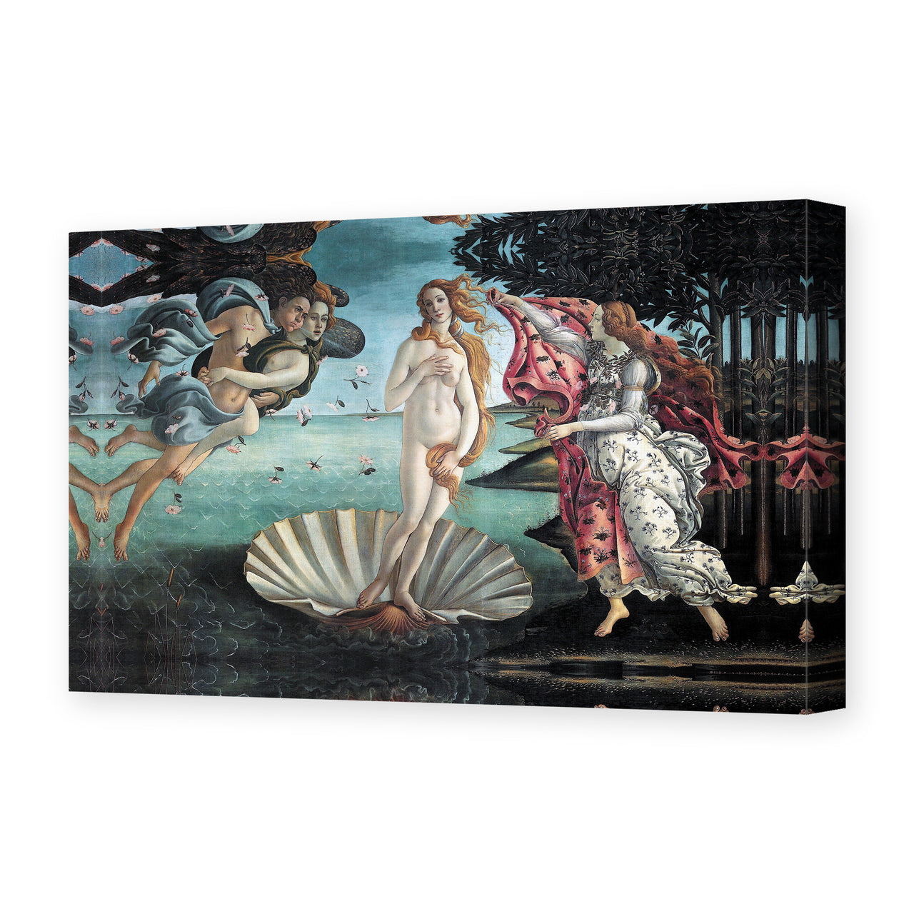 Sandro Botticelli's 'Birth of Venus' painting, depicting Venus emerging from the sea on a shell, reproduced as a gallery-wrapped canvas print