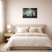 Gallery-wrapped canvas print of Sandro Botticelli's Birth of Venus displayed on a wall in a bedroom