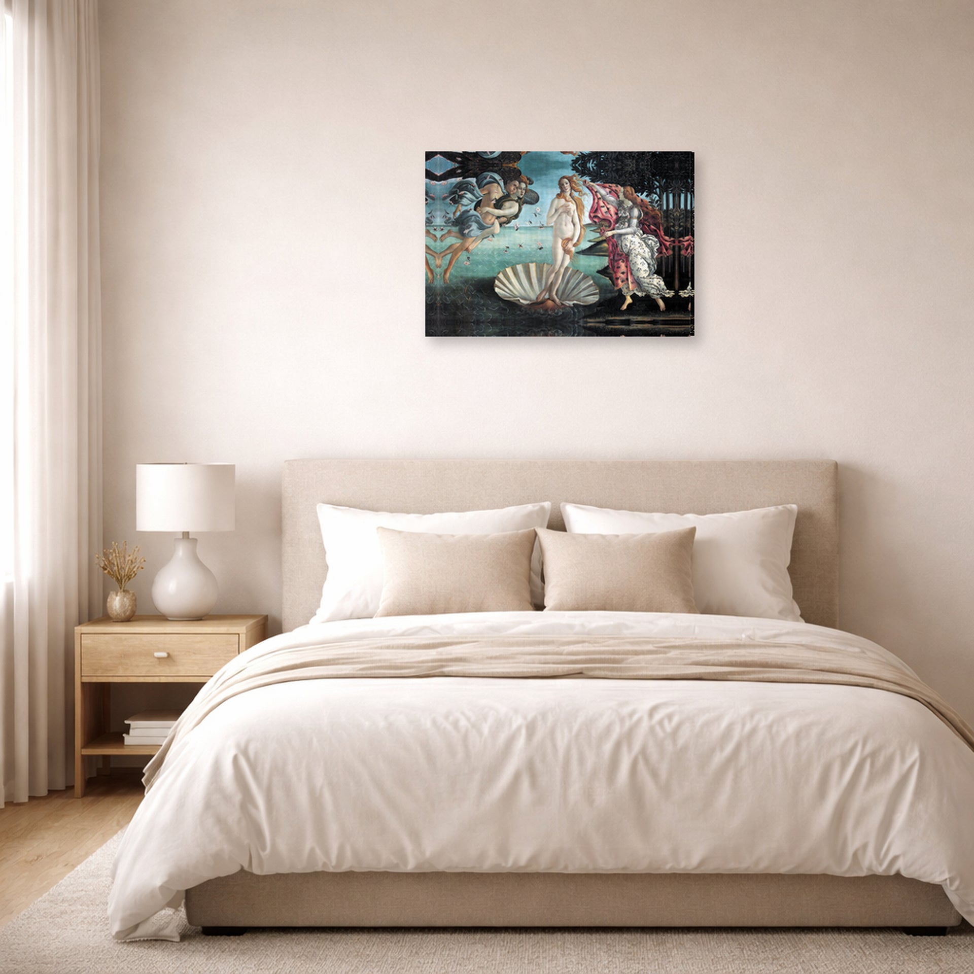 Gallery-wrapped canvas print of Sandro Botticelli's Birth of Venus displayed on a wall in a bedroom