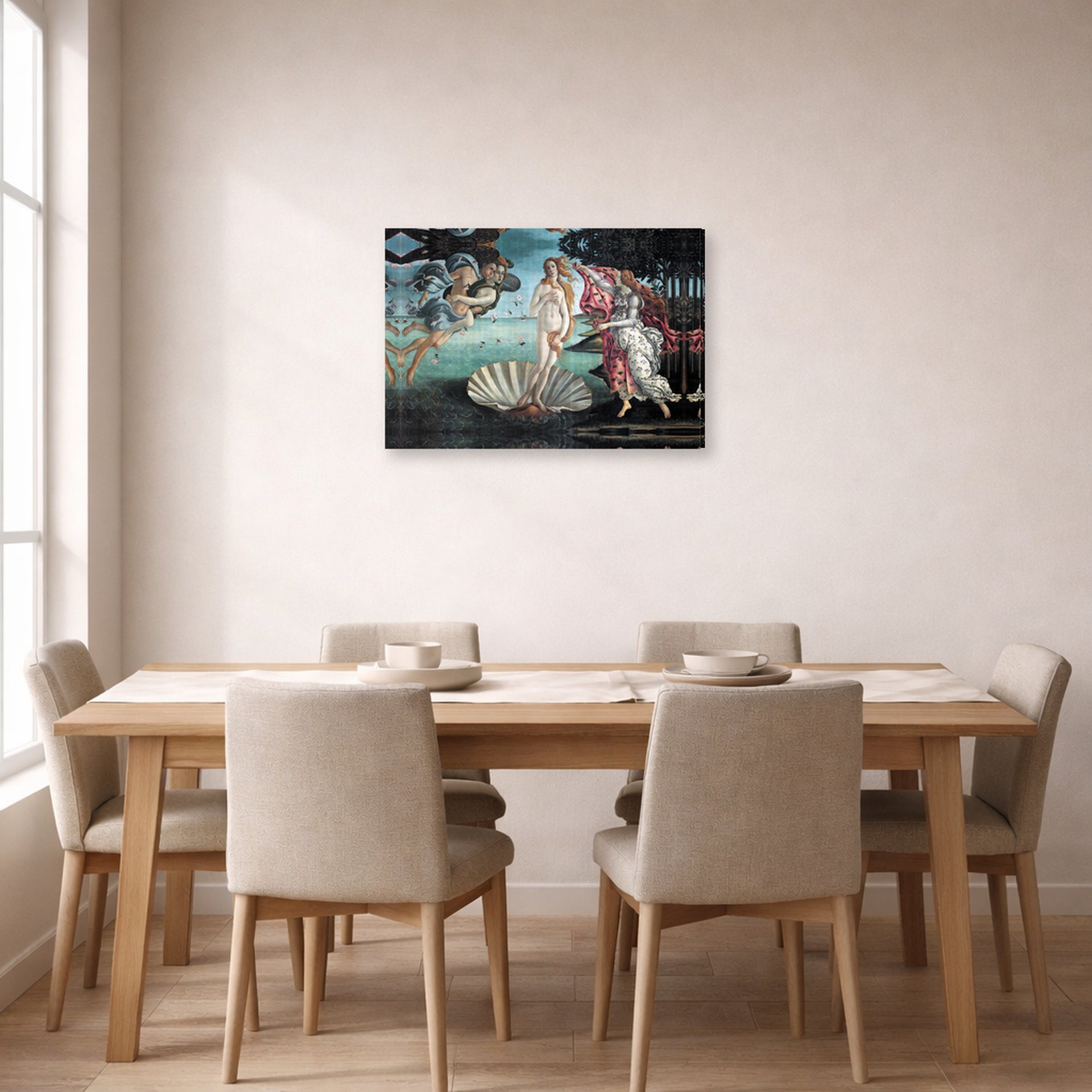 Gallery-wrapped canvas print of Sandro Botticelli's Birth of Venus displayed on a wall in a dining room
