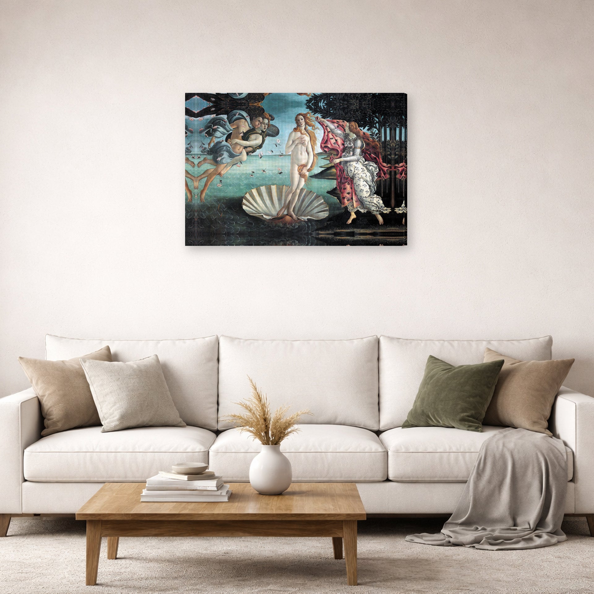 Gallery-wrapped canvas print of Sandro Botticelli's Birth of Venus displayed on a wall in a living room