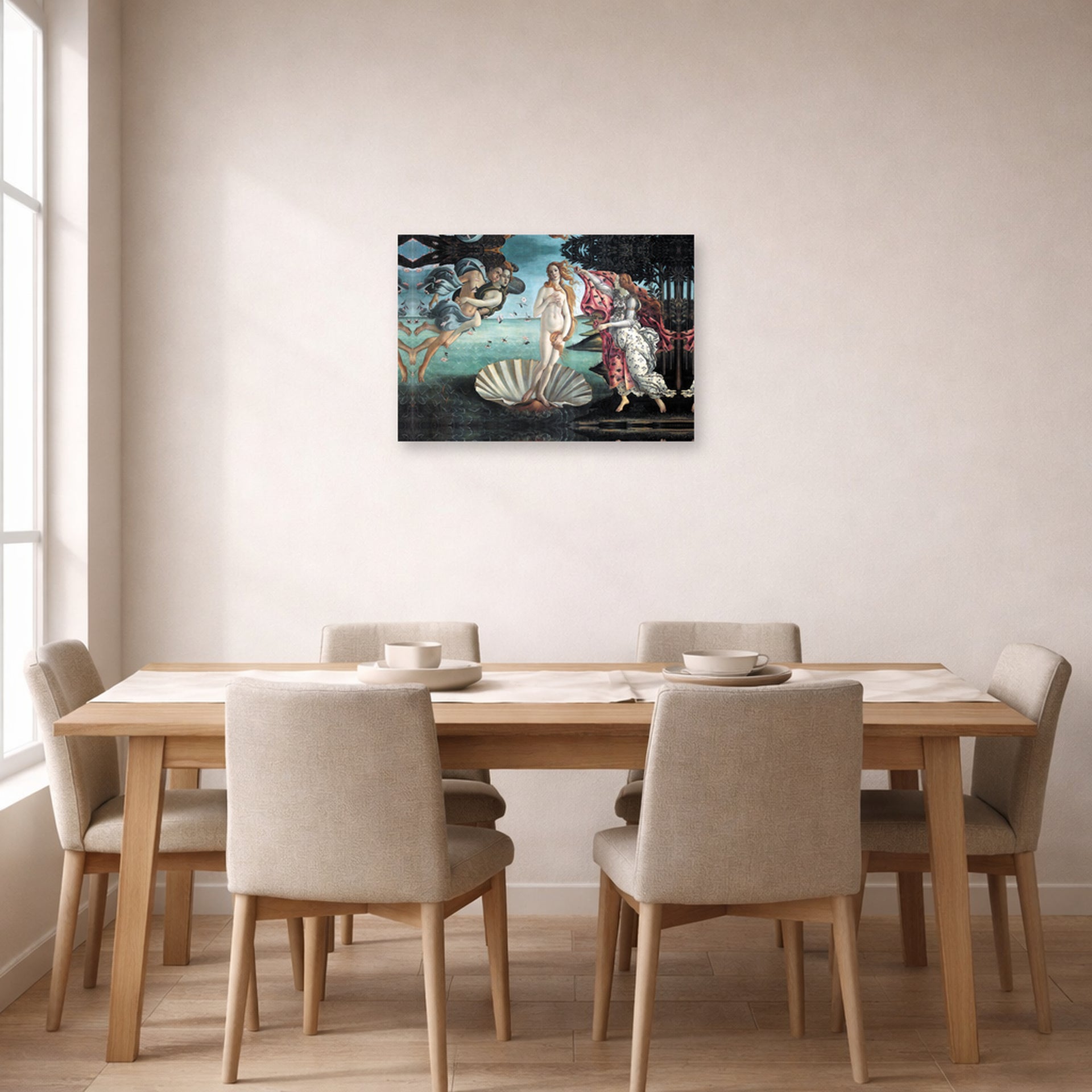 Unframed poster print of Sandro Botticelli's Birth of Venus displayed on a wall in a dining room