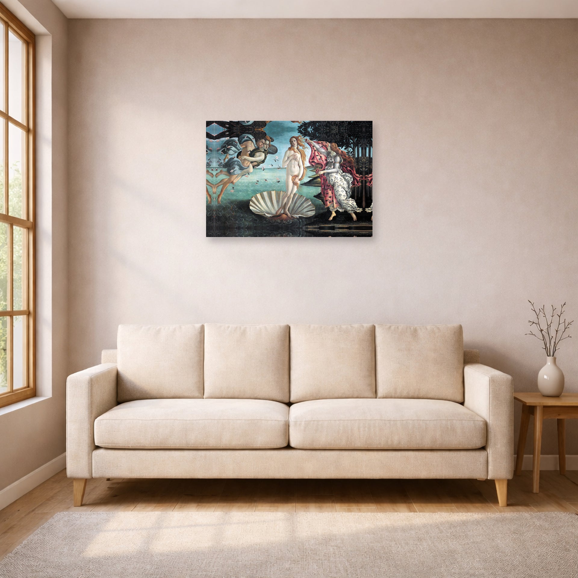 Unframed poster print of Sandro Botticelli's Birth of Venus displayed on a wall in a living room