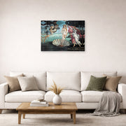Unframed poster print of Sandro Botticelli's Birth of Venus displayed on a wall in a living room