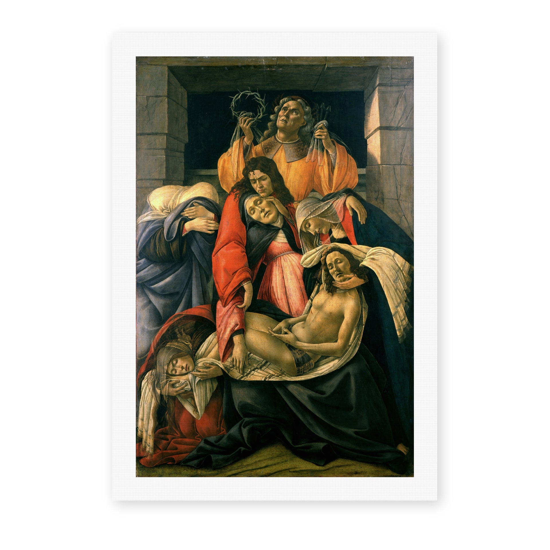 Sandro Botticelli's 'Lamentation over the Dead Christ' painting reproduced as a rolled canvas print