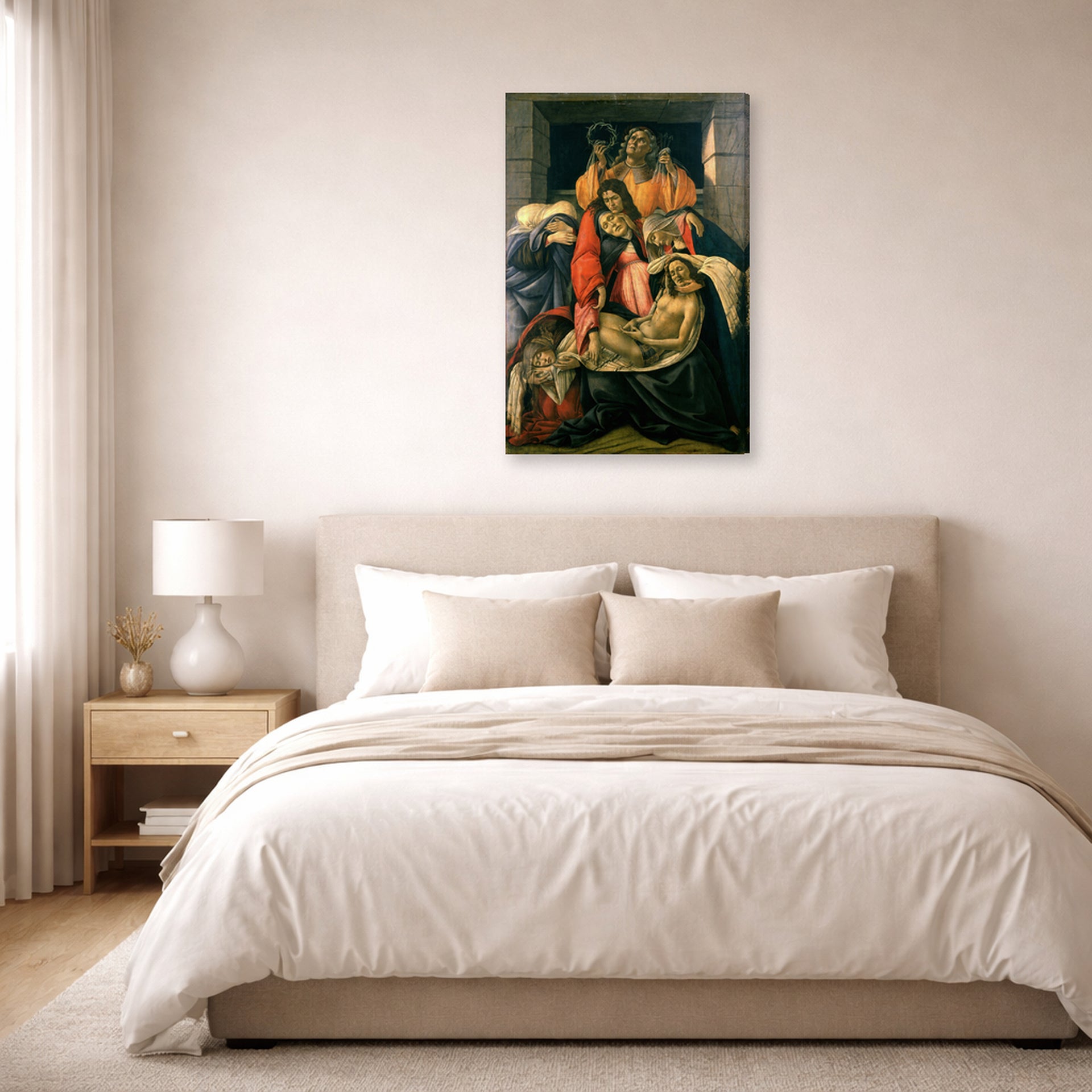 Gallery-wrapped canvas print of Sandro Botticelli's Lamentation over the Dead Christ displayed on a wall in a bedroom