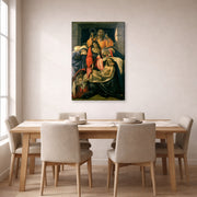 Gallery-wrapped canvas print of Sandro Botticelli's Lamentation over the Dead Christ displayed on a wall in a dining room