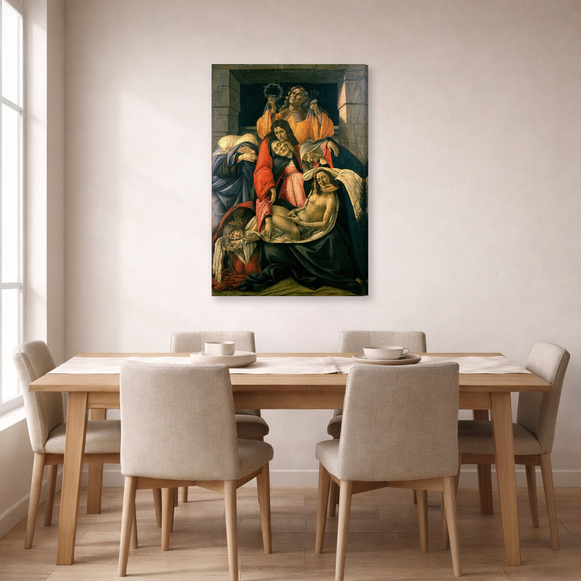 Gallery-wrapped canvas print of Sandro Botticelli's Lamentation over the Dead Christ displayed on a wall in a dining room