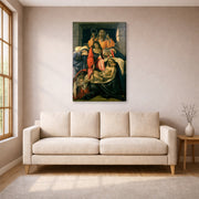 Gallery-wrapped canvas print of Sandro Botticelli's Lamentation over the Dead Christ displayed on a wall in a living room