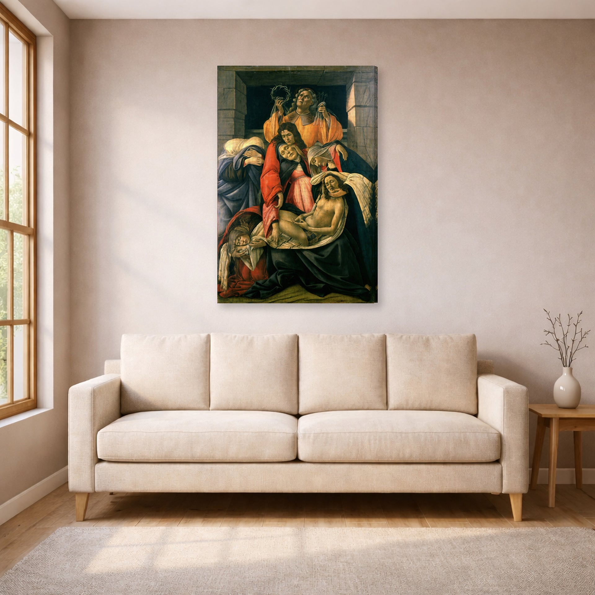 Gallery-wrapped canvas print of Sandro Botticelli's Lamentation over the Dead Christ displayed on a wall in a living room