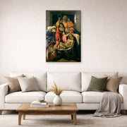 Gallery-wrapped canvas print of Sandro Botticelli's Lamentation over the Dead Christ displayed on a wall in a living room
