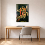 Gallery-wrapped canvas print of Sandro Botticelli's Lamentation over the Dead Christ displayed on a wall in an office