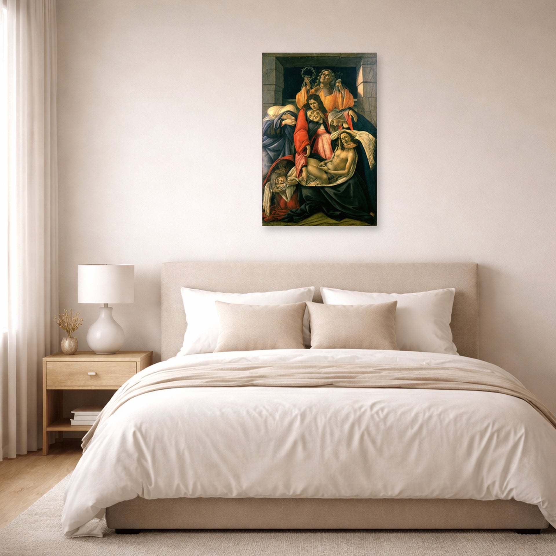 Unframed poster print of Sandro Botticelli's Lamentation over the Dead Christ displayed on a wall in a bedroom