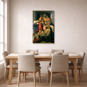 Unframed poster print of Sandro Botticelli's Lamentation over the Dead Christ displayed on a wall in a dining room