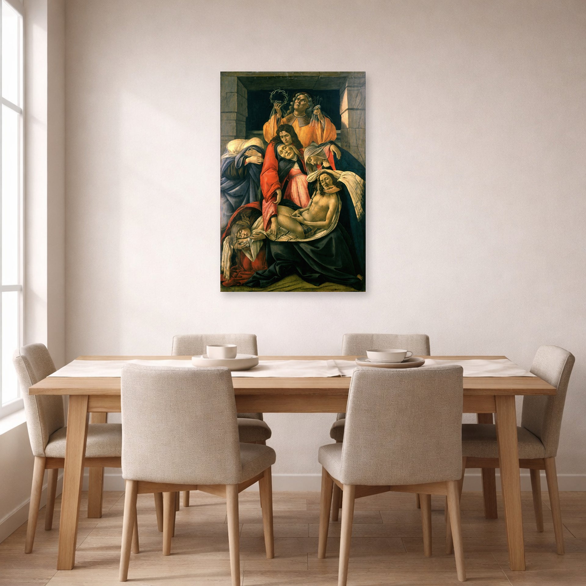 Unframed poster print of Sandro Botticelli's Lamentation over the Dead Christ displayed on a wall in a dining room