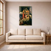 Unframed poster print of Sandro Botticelli's Lamentation over the Dead Christ displayed on a wall in a living room