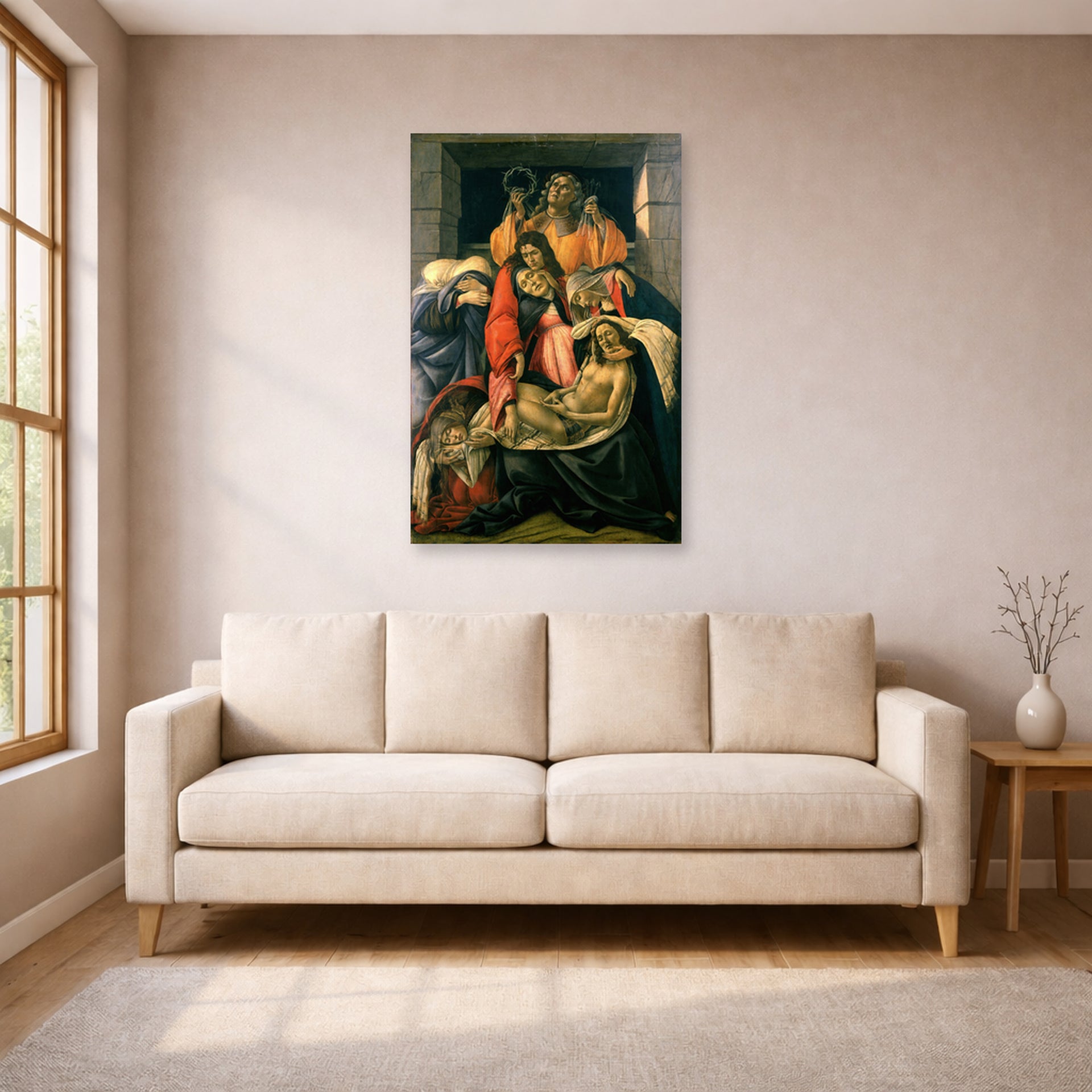 Unframed poster print of Sandro Botticelli's Lamentation over the Dead Christ displayed on a wall in a living room
