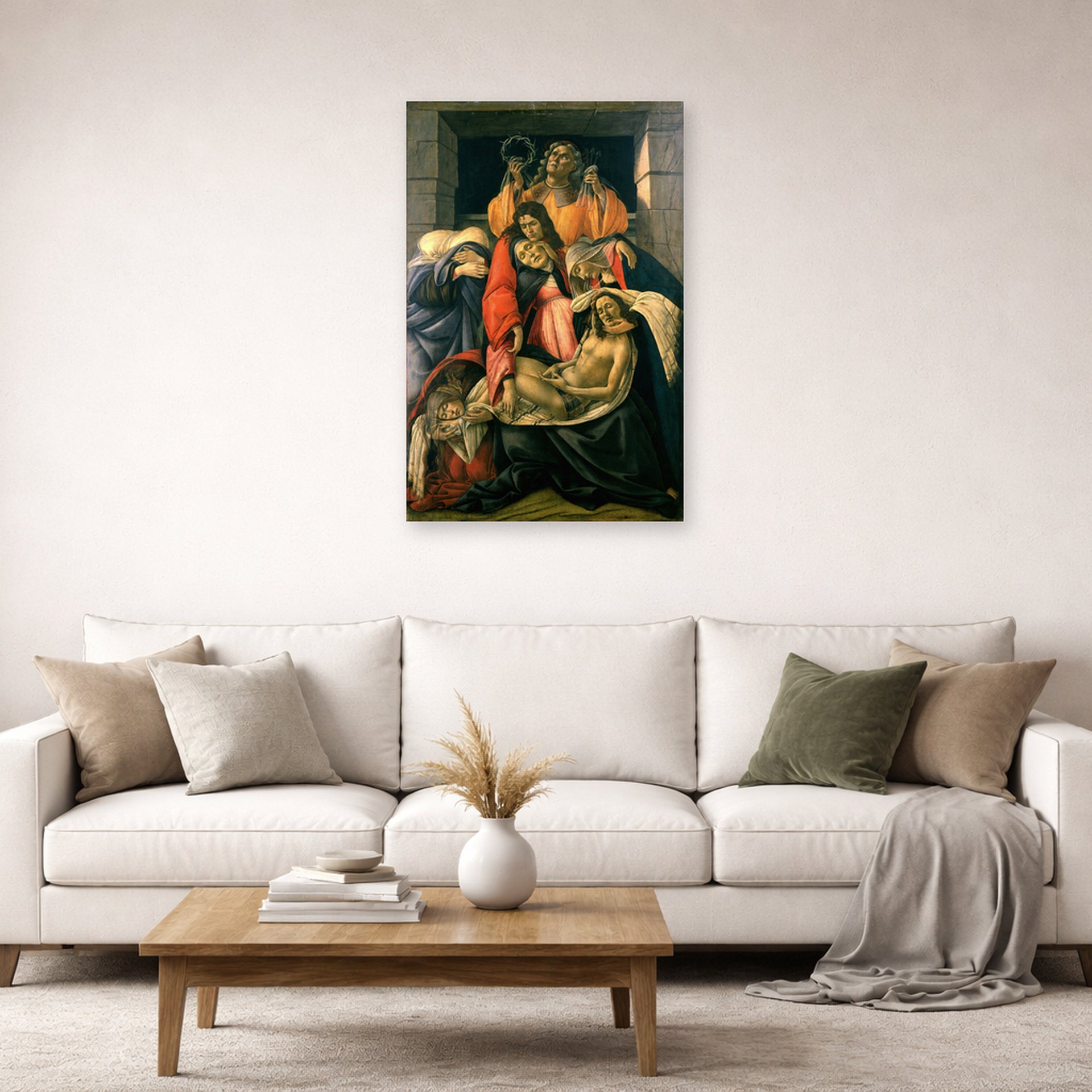 Unframed poster print of Sandro Botticelli's Lamentation over the Dead Christ displayed on a wall in a living room