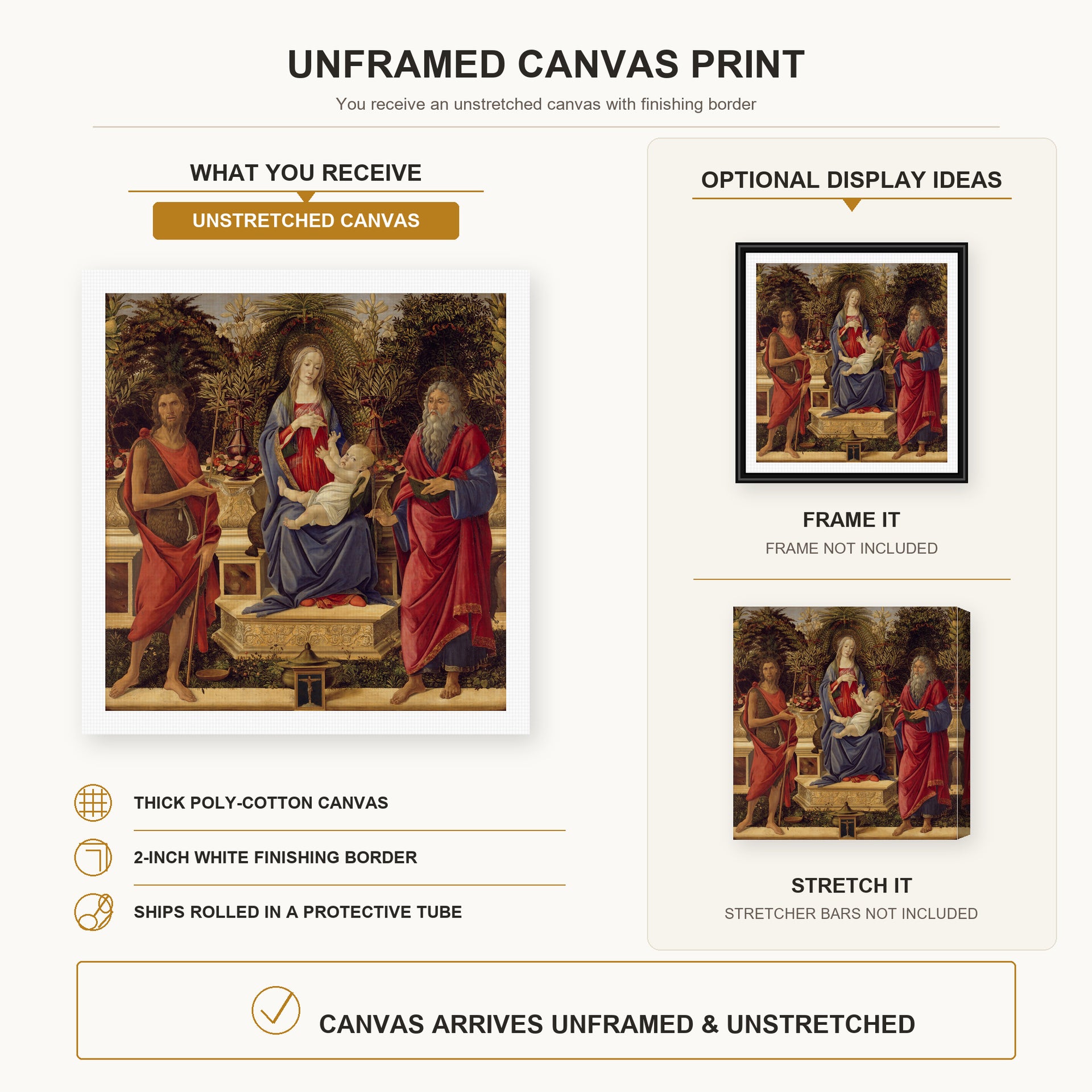 Sandro Botticelli - Madonna with Saints canvas print size comparison and framing display infographic