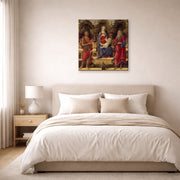 Gallery-wrapped canvas print of Sandro Botticelli's Madonna with Saints displayed on a wall in a bedroom