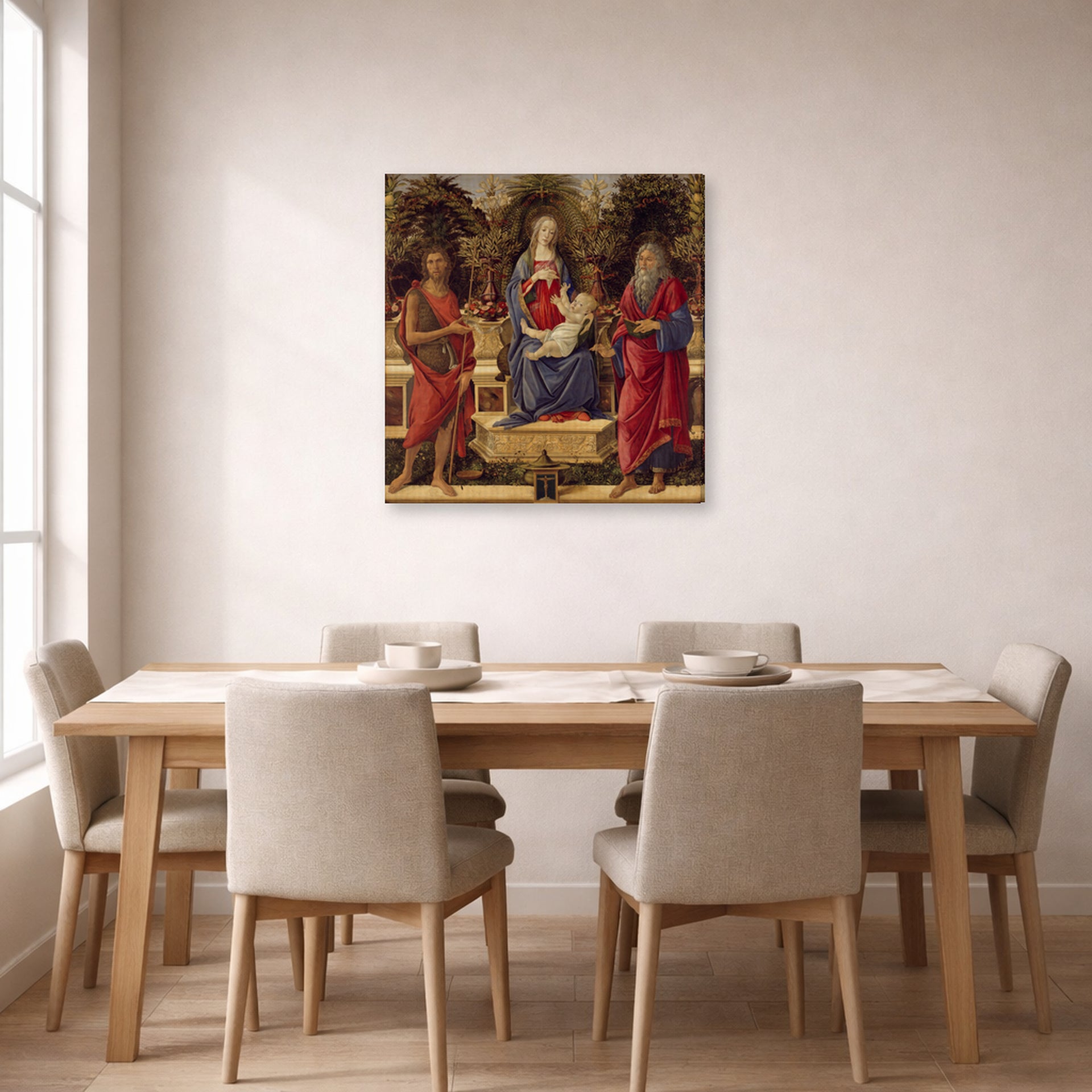 Gallery-wrapped canvas print of Sandro Botticelli's Madonna with Saints displayed on a wall in a dining room
