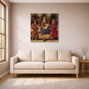 Gallery-wrapped canvas print of Sandro Botticelli's Madonna with Saints displayed on a wall in a living room