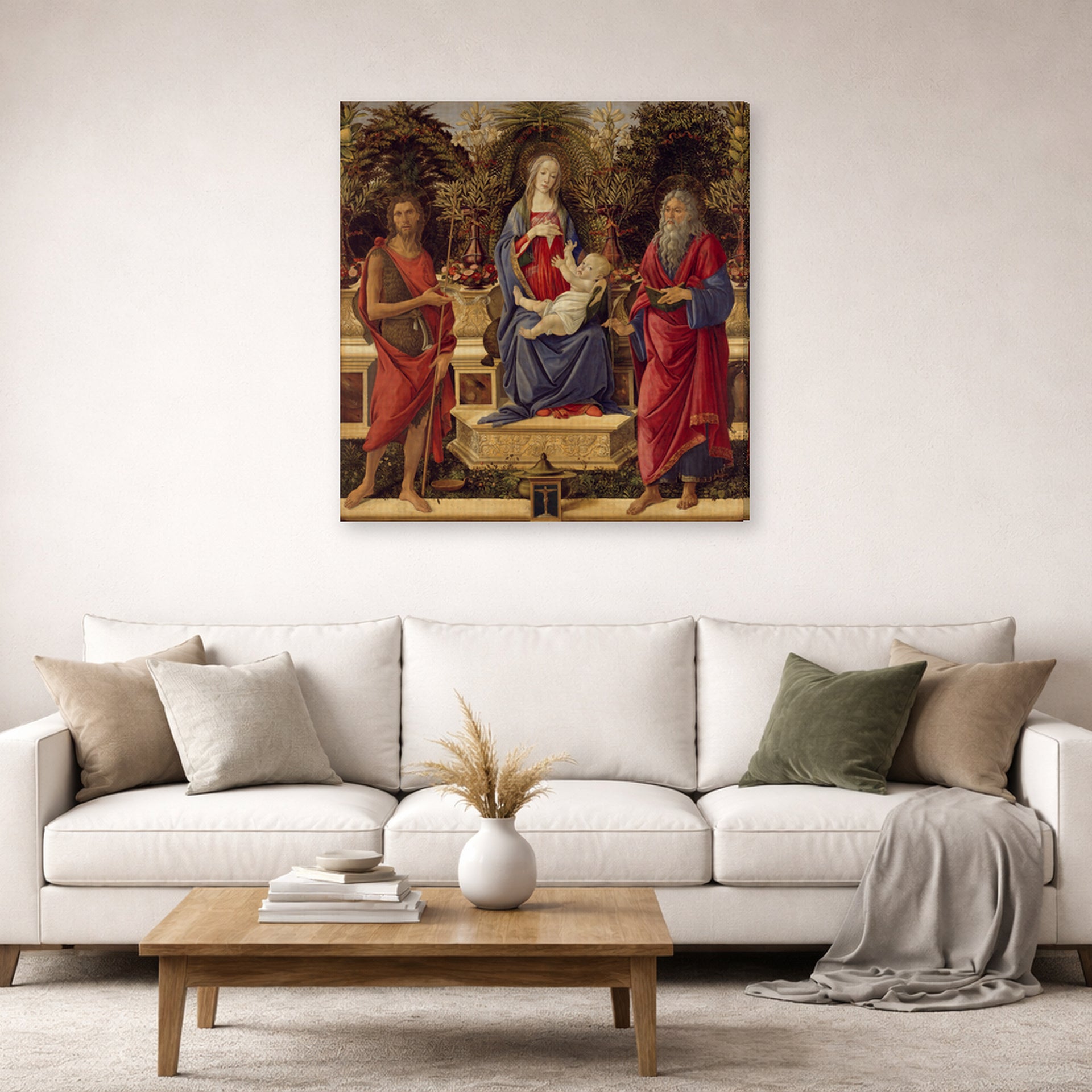 Gallery-wrapped canvas print of Sandro Botticelli's Madonna with Saints displayed on a wall in a living room