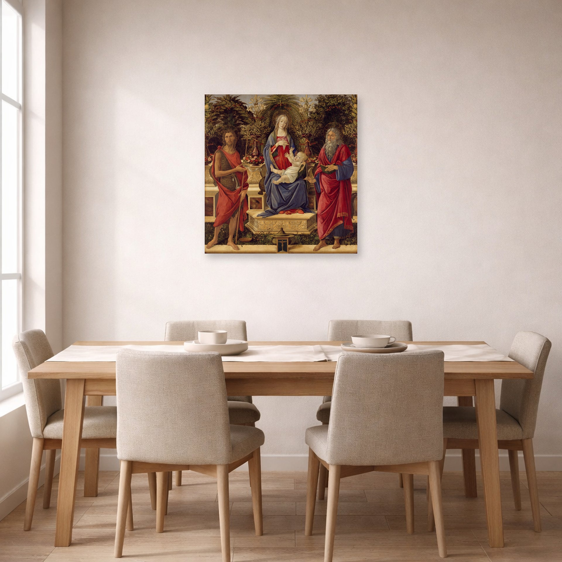 Unframed poster print of Sandro Botticelli's Madonna with Saints displayed on a wall in a dining room
