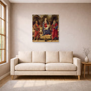 Unframed poster print of Sandro Botticelli's Madonna with Saints displayed on a wall in a living room