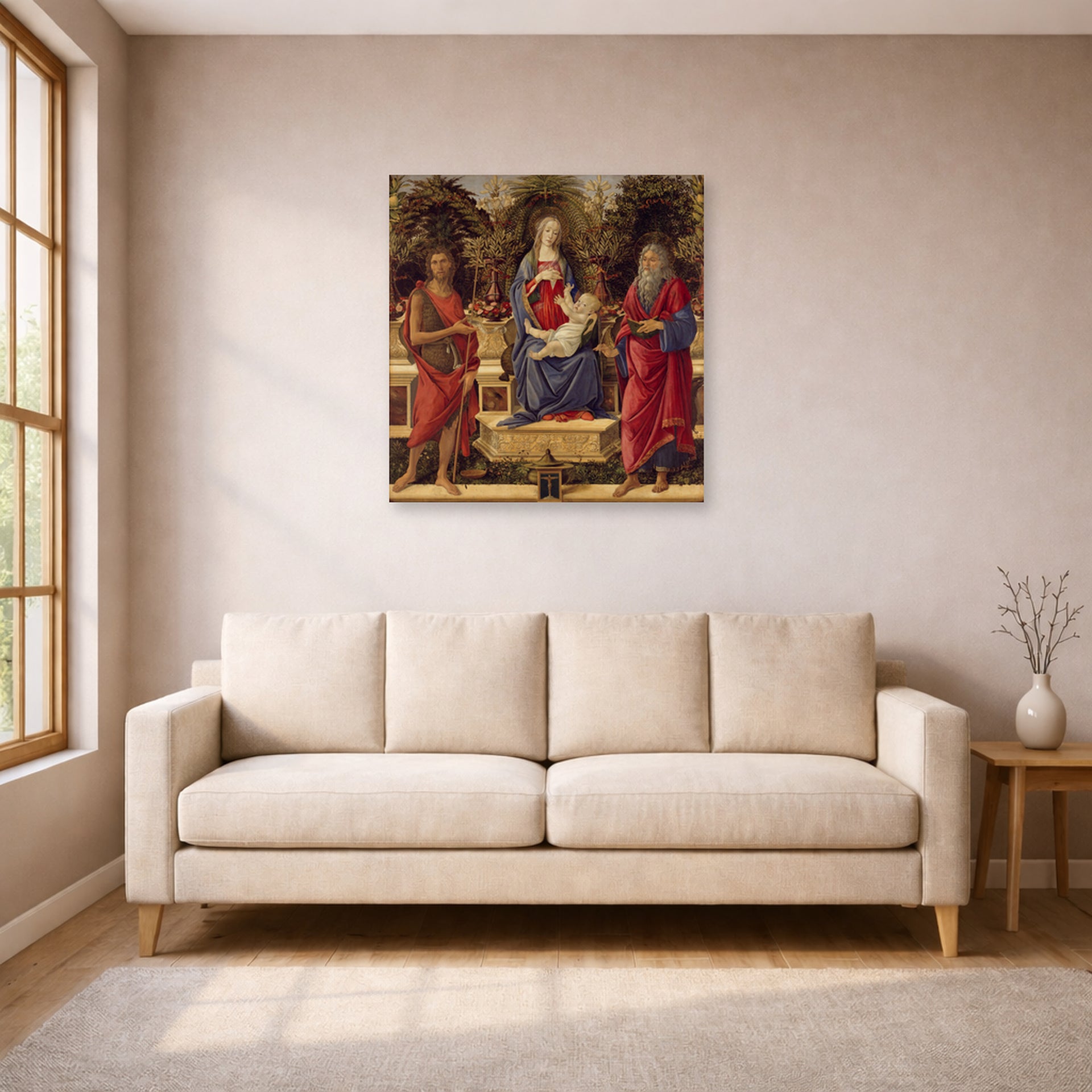 Unframed poster print of Sandro Botticelli's Madonna with Saints displayed on a wall in a living room