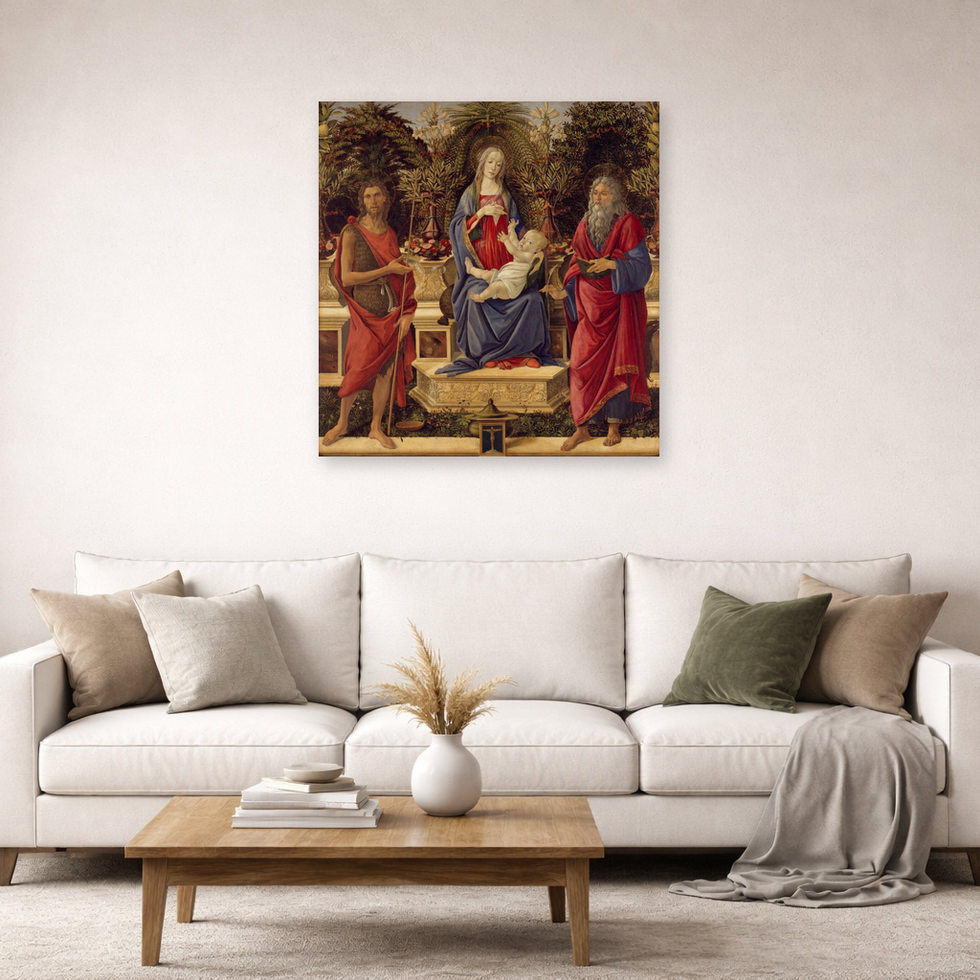 Unframed poster print of Sandro Botticelli's Madonna with Saints displayed on a wall in a living room