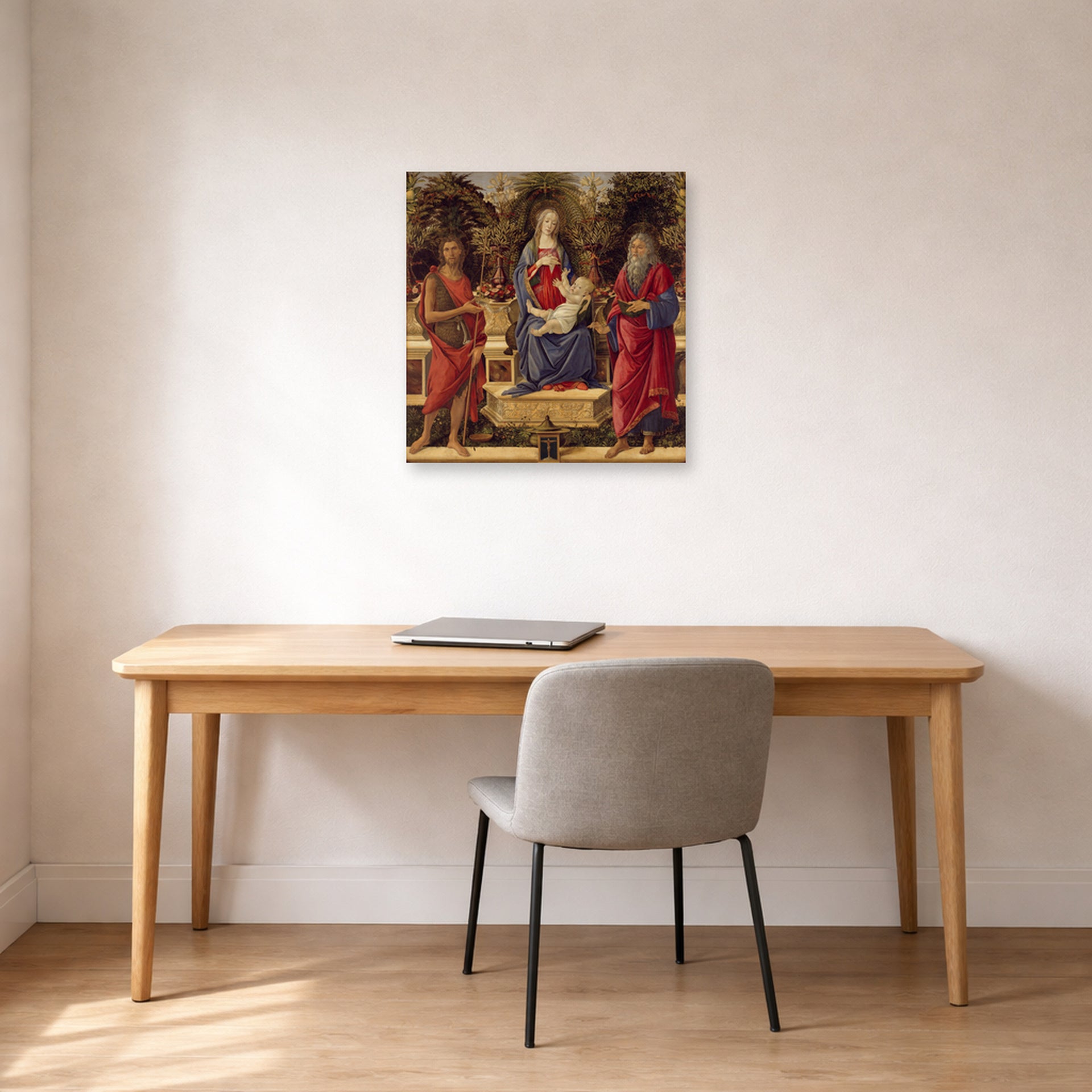 Unframed poster print of Sandro Botticelli's Madonna with Saints displayed on a wall in an office