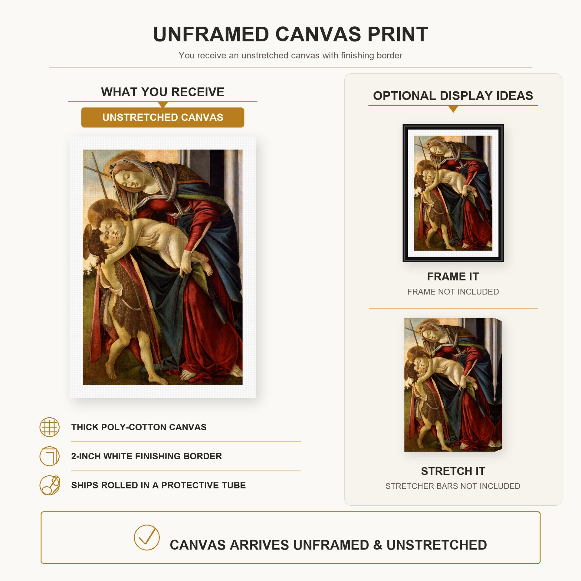Sandro Botticelli - Madonna and Child with John the Baptist canvas print size comparison and framing display infographic