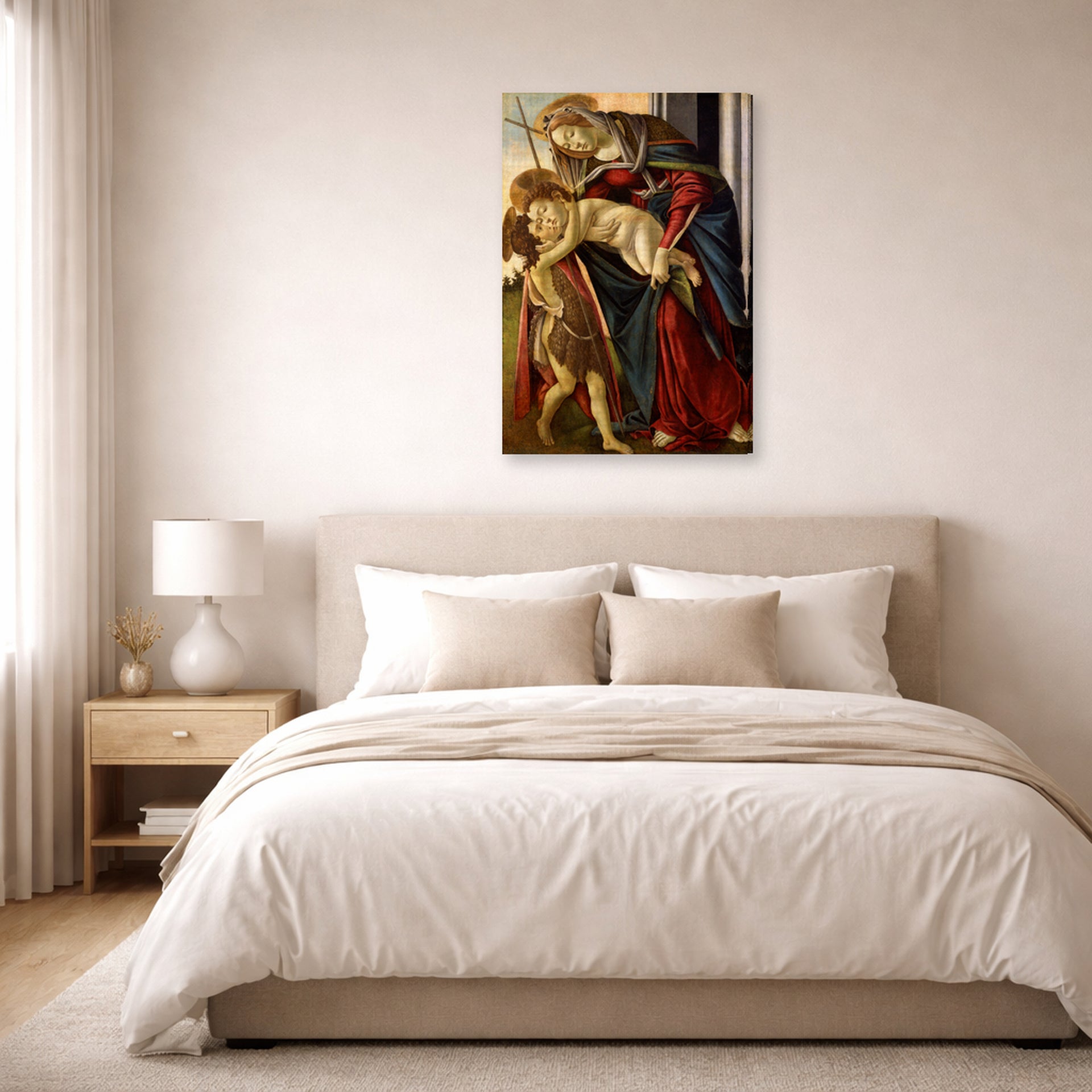 Gallery-wrapped canvas print of Sandro Botticelli's Madonna and Child with John the Baptist displayed on a wall in a bedroom