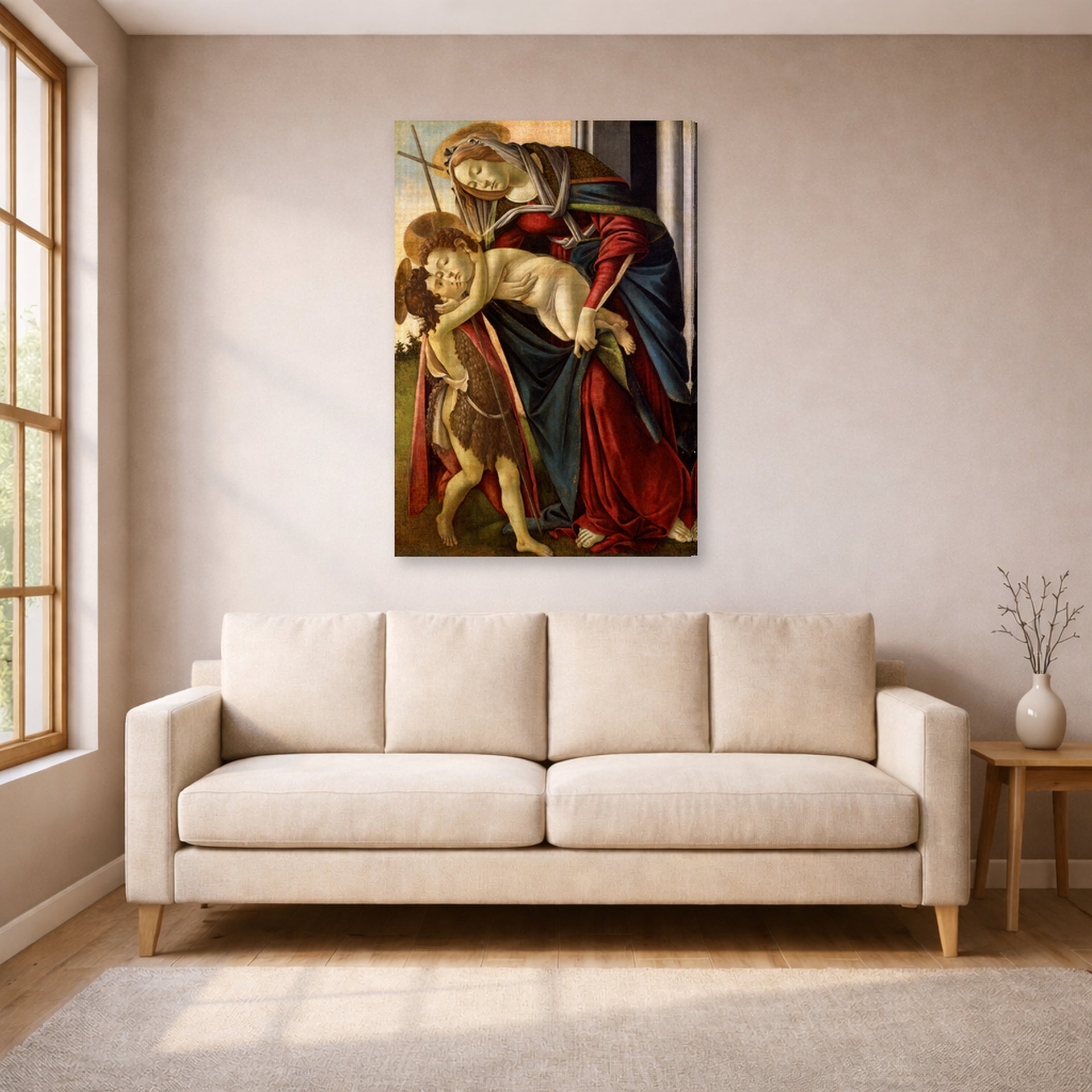 Gallery-wrapped canvas print of Sandro Botticelli's Madonna and Child with John the Baptist displayed on a wall in a living room