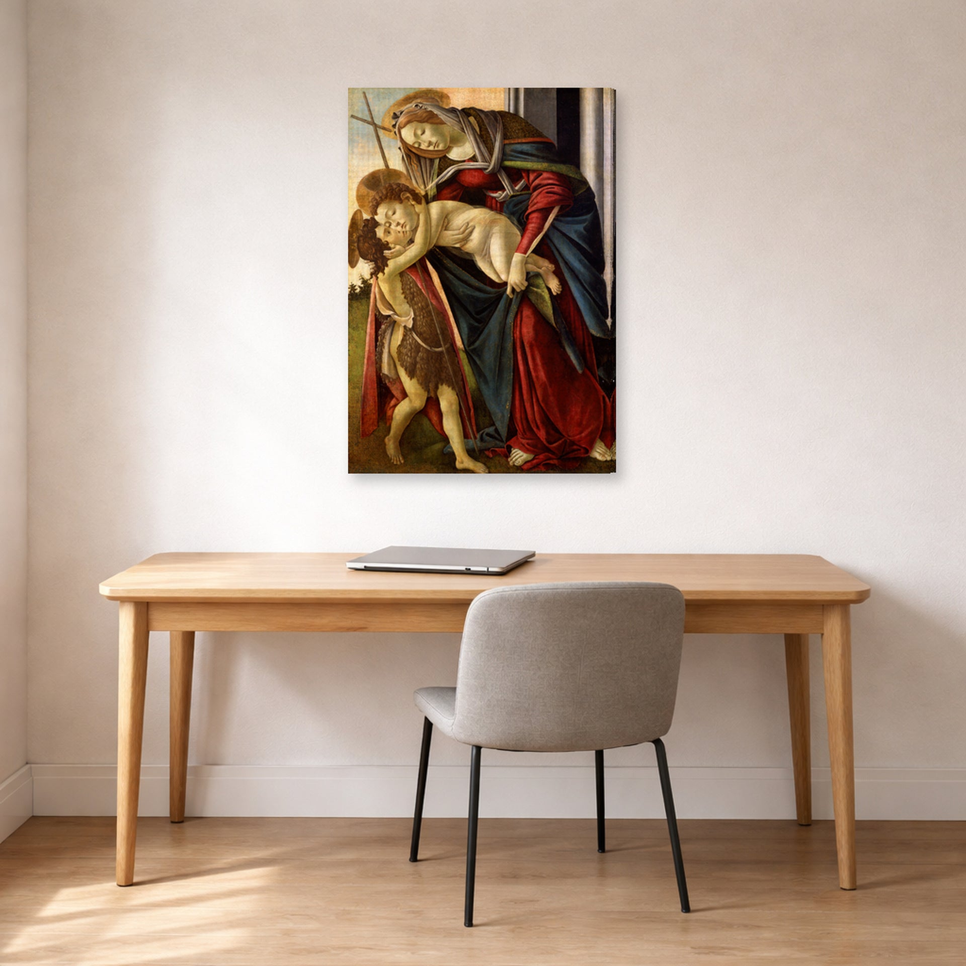Gallery-wrapped canvas print of Sandro Botticelli's Madonna and Child with John the Baptist displayed on a wall in an office