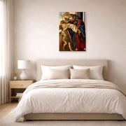Unframed poster print of Sandro Botticelli's Madonna and Child with John the Baptist displayed on a wall in a bedroom