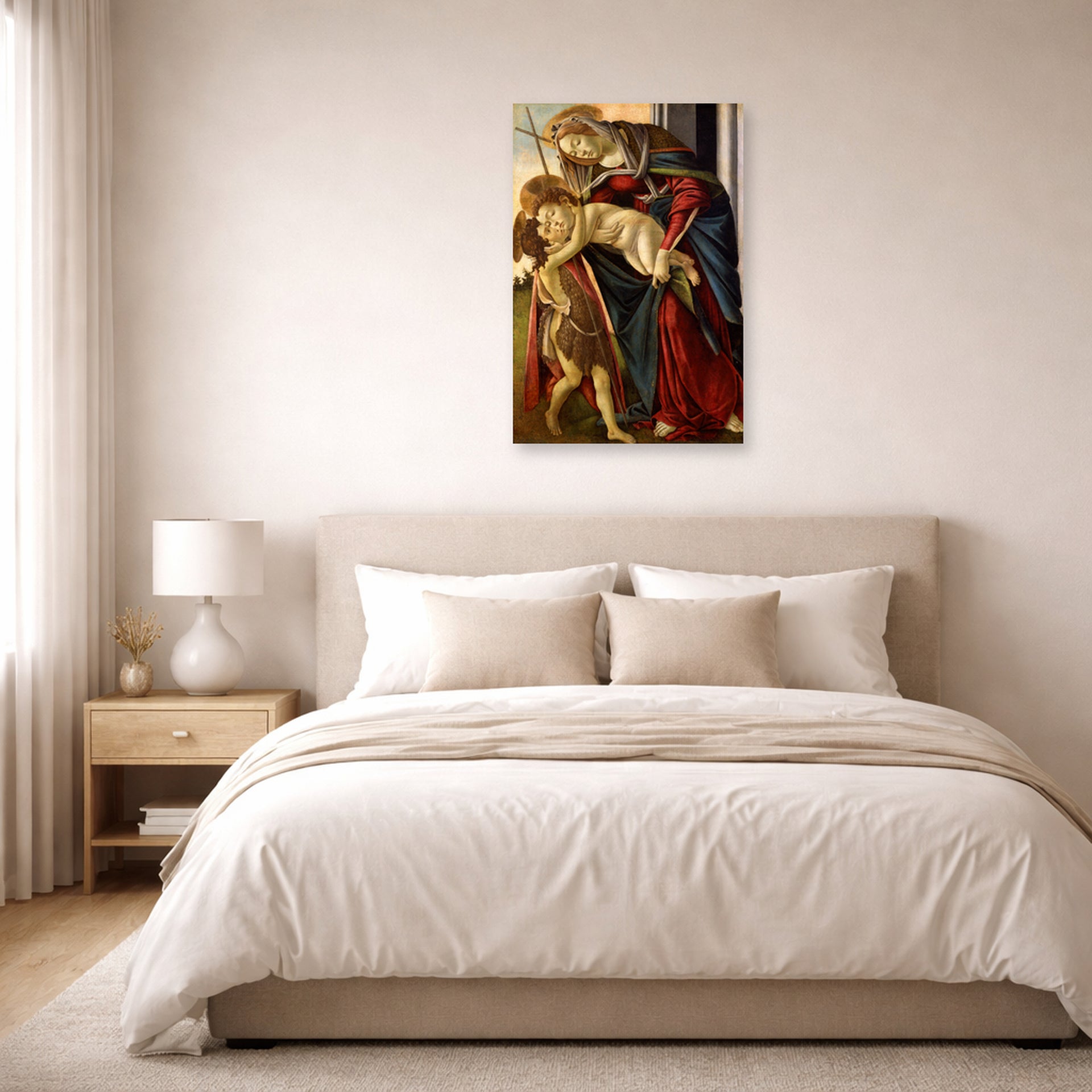 Unframed poster print of Sandro Botticelli's Madonna and Child with John the Baptist displayed on a wall in a bedroom
