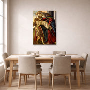 Unframed poster print of Sandro Botticelli's Madonna and Child with John the Baptist displayed on a wall in a dining room