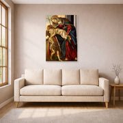 Unframed poster print of Sandro Botticelli's Madonna and Child with John the Baptist displayed on a wall in a living room