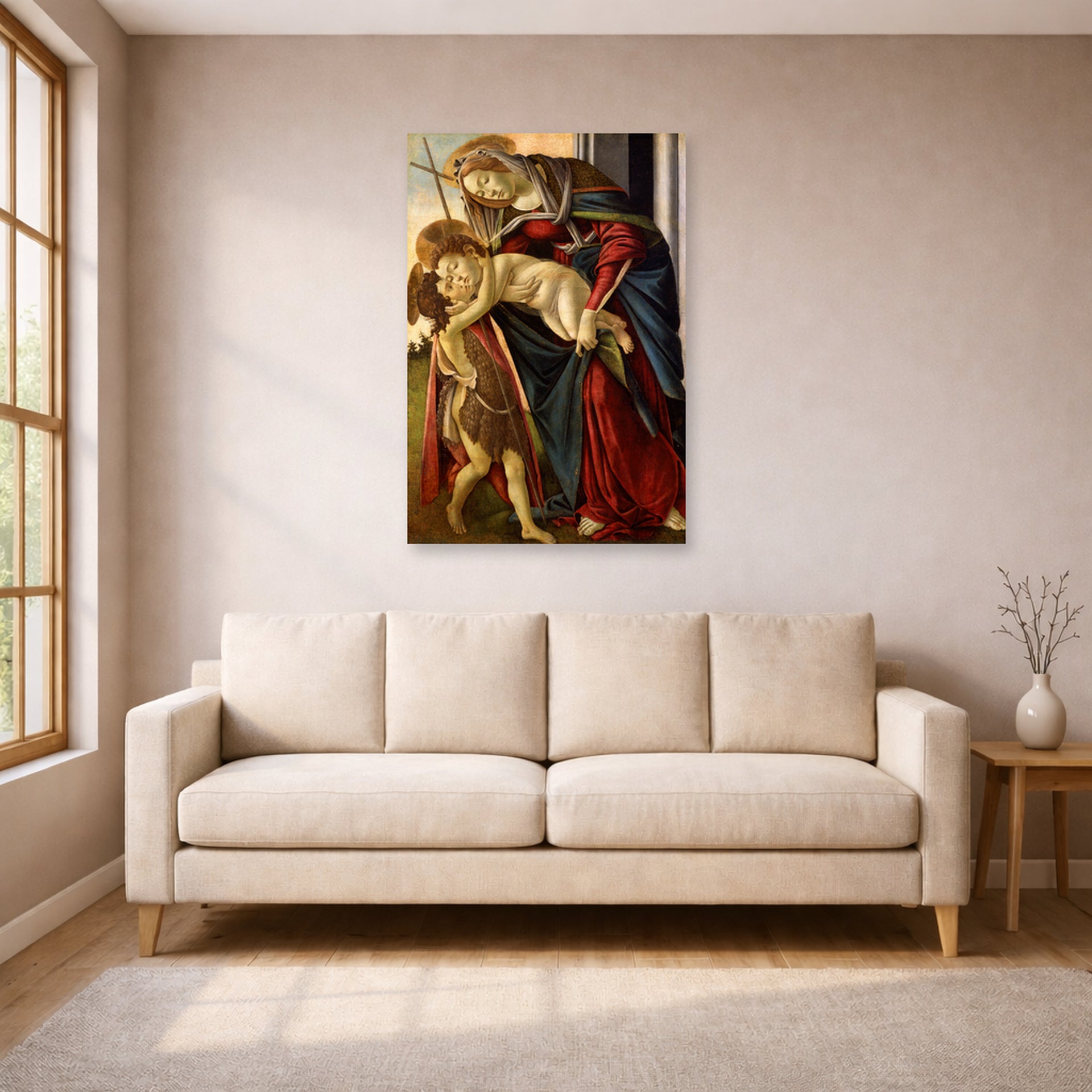 Unframed poster print of Sandro Botticelli's Madonna and Child with John the Baptist displayed on a wall in a living room