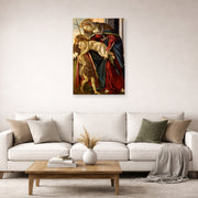 Unframed poster print of Sandro Botticelli's Madonna and Child with John the Baptist displayed on a wall in a living room