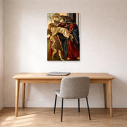 Unframed poster print of Sandro Botticelli's Madonna and Child with John the Baptist displayed on a wall in an office